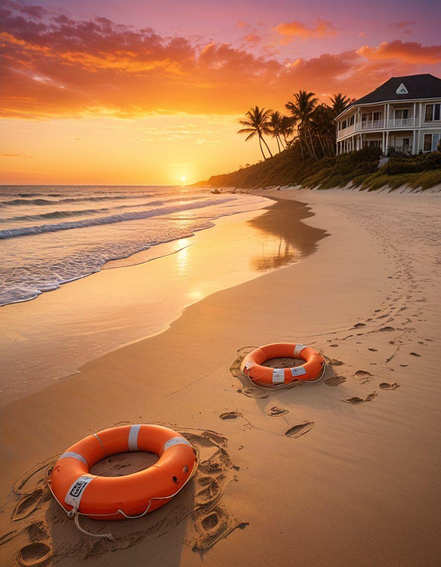 A tranquil beachfront scene with a calm ocean, a vibrant sun setting on the horizon, and a family safely enjoying their time on the sand while reviewing insurance policies together. Include symbols representing risk and safety, such as lifebuoys and insurance documents subtly integrated in the sand. The atmosphere should convey a sense of security and relaxation, inviting viewers to think about their own beachfront insurance needs. super-realistic. vibrant colors. soft focus.