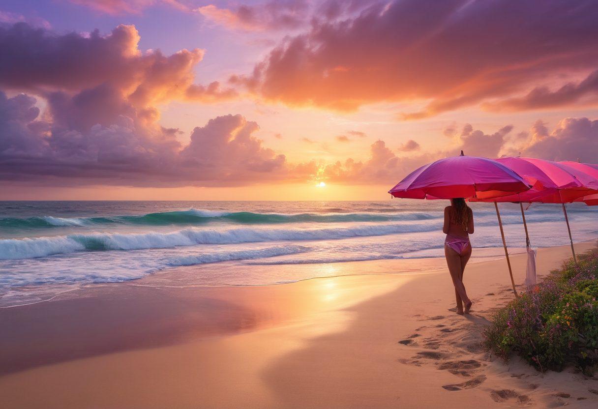 A serene coastal scene with rolling waves gently lapping against a sandy beach, adorned with beach umbrellas and sunbathers, while a vibrant sunset casts dramatic hues in the sky. In the foreground, a confident figure holds an insurance policy with various coverage icons overlaying the image, symbolizing protection for coastal living. The atmosphere conveys a sense of tranquility and assurance. super-realistic. vibrant colors. beach setting.