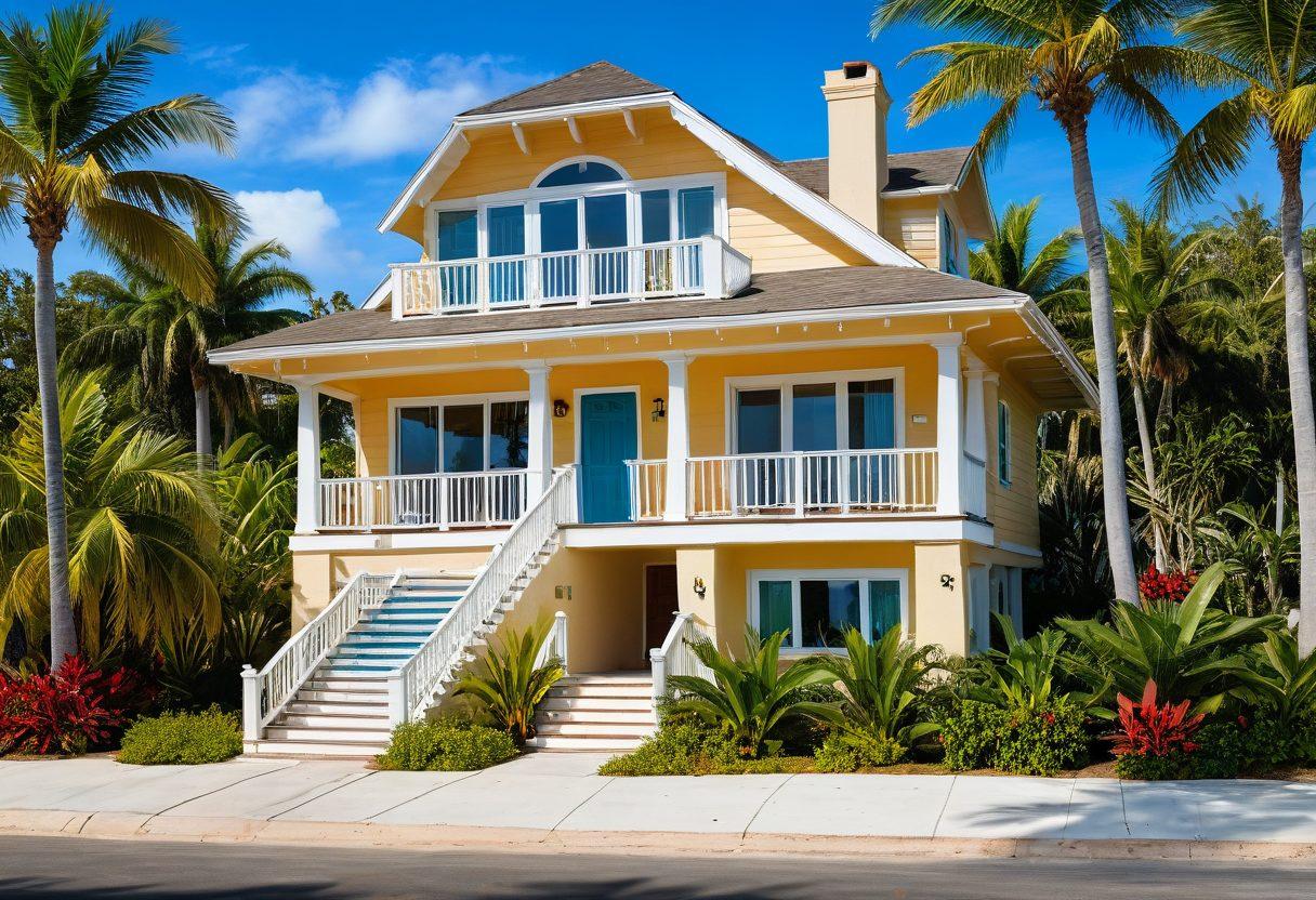 A cozy beach house surrounded by palm trees, with insurance papers and a stethoscope artistically arranged on the sand. In the background, happy families are enjoying beach activities while a calm ocean waves gently. The scene captures the essence of coastal living and the importance of insurance, blending relaxation with security. vibrant colors. super-realistic. sunny atmosphere.